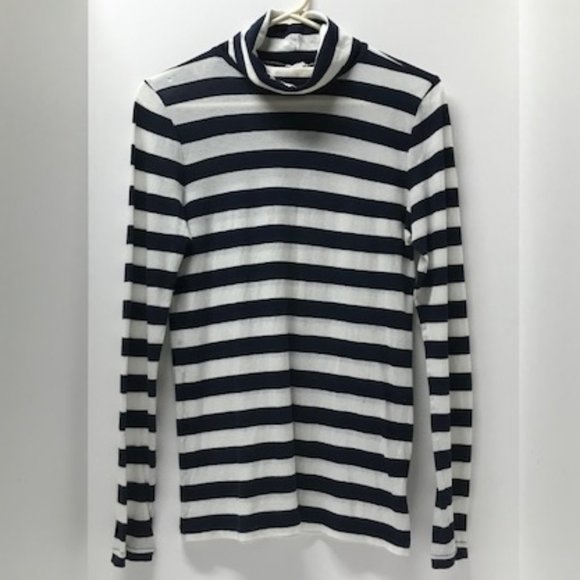 J. Crew Navy Blue & White Striped Tissue Turtleneck Top - Picture 1 of 8